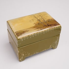 Russian Hand Painted Lidded Wooden Box with Landscape Scene