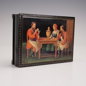 Russian Lacquer Box Tea Drinking Scene