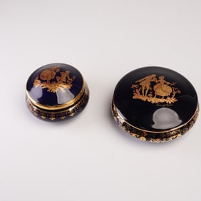 2pc Limoges Cobalt Blue and Gold Trim Lidded Boxes with Courting Scene