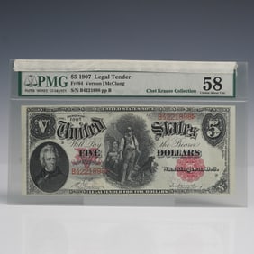 1907 $5 U.S Legal Tender "Woodchopper Note"  PMG Graded 58 Choice About Unc