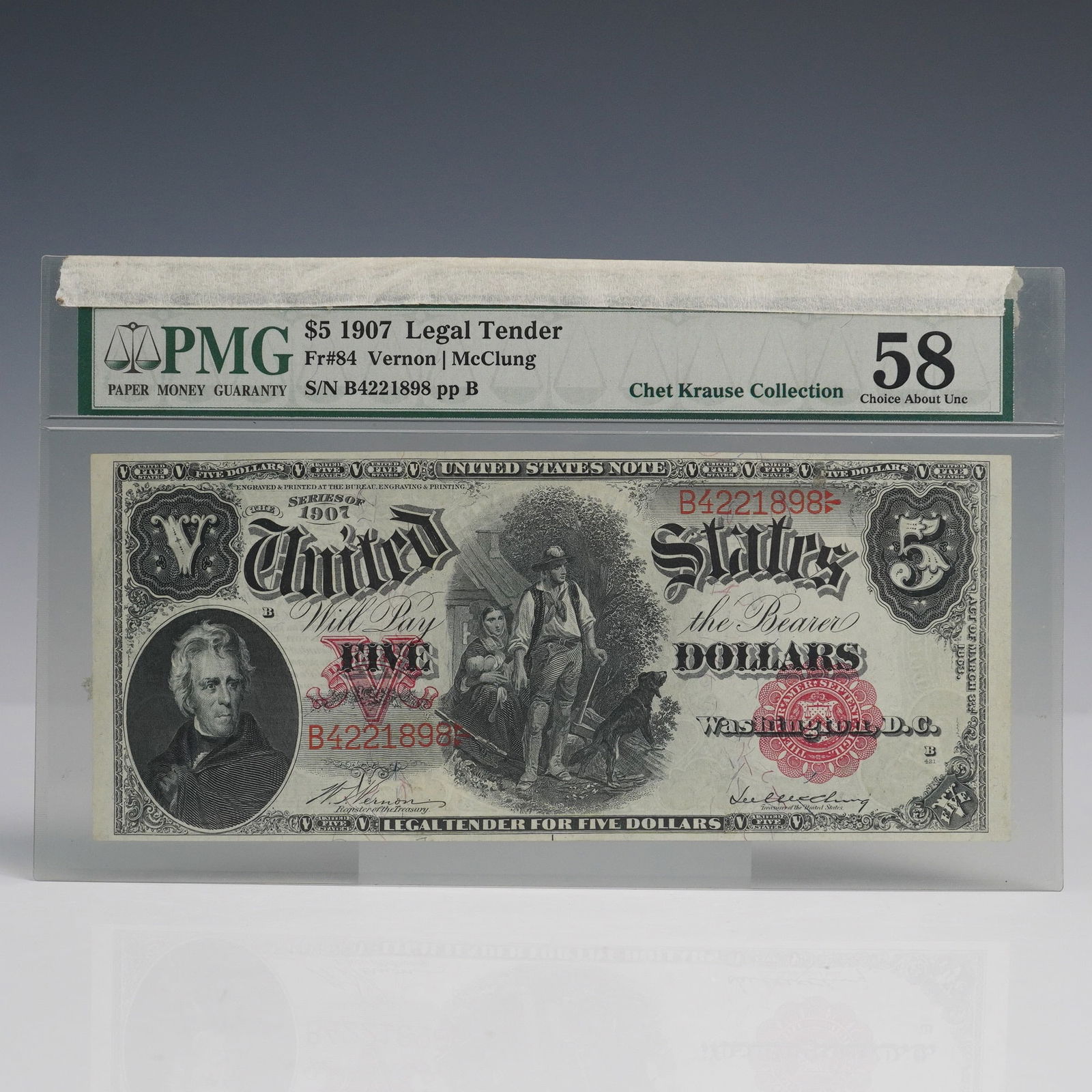 1907 $5 U.S Legal Tender "Woodchopper Note"  PMG Graded 58 Choice About Unc (1 of 6)
