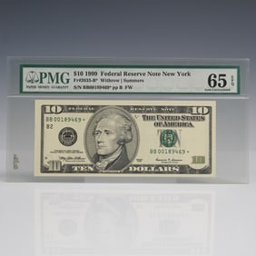 1999 $10 Federal Reserve Note New York PMG Graded Gem Uncirculated 65 EPQ