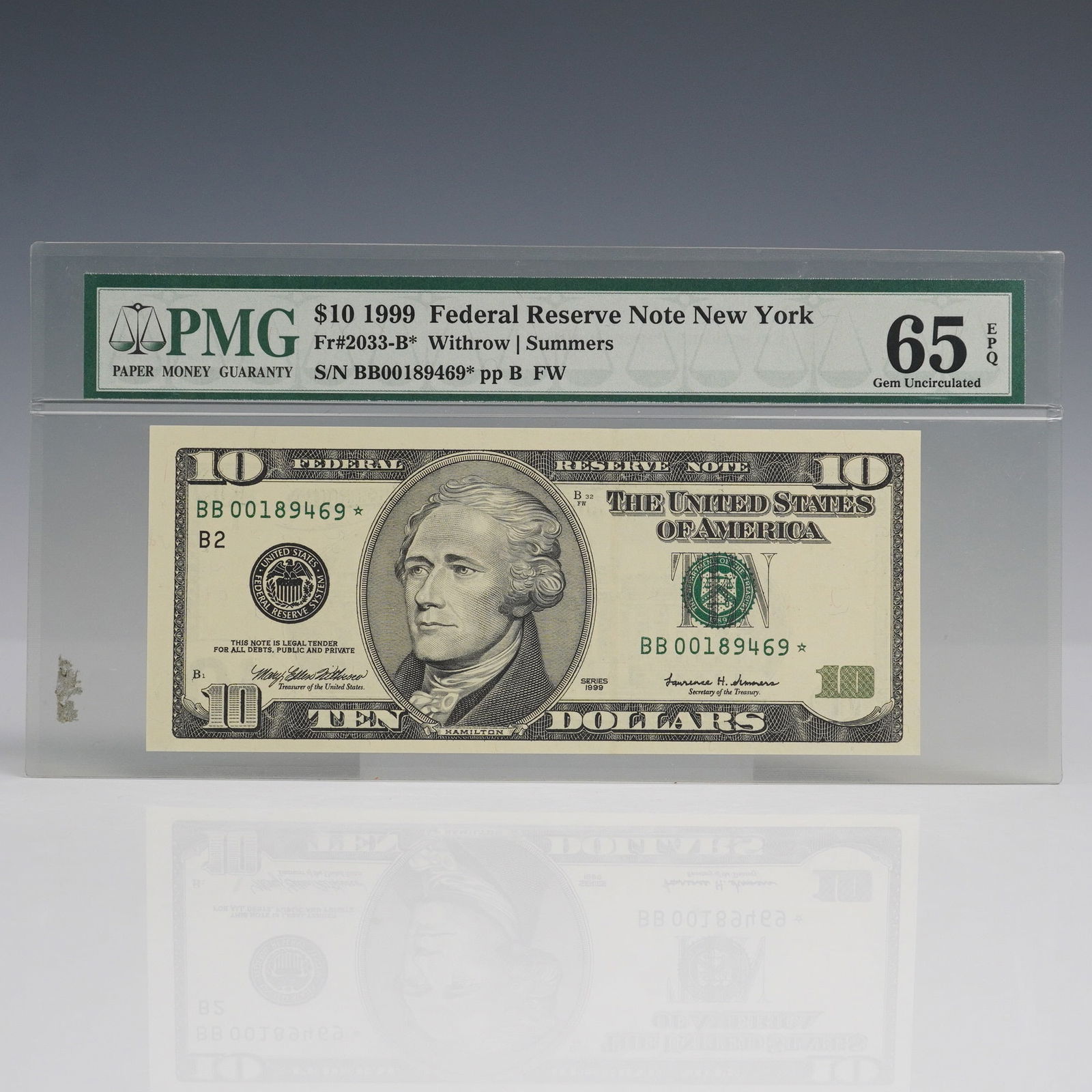 1999 $10 Federal Reserve Note New York PMG Graded Gem Uncirculated 65 EPQ (1 of 5)