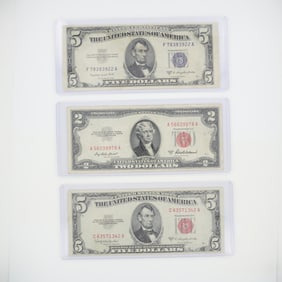 3pc 1953 United States $2 and $5 Silver Certificate Banknotes
