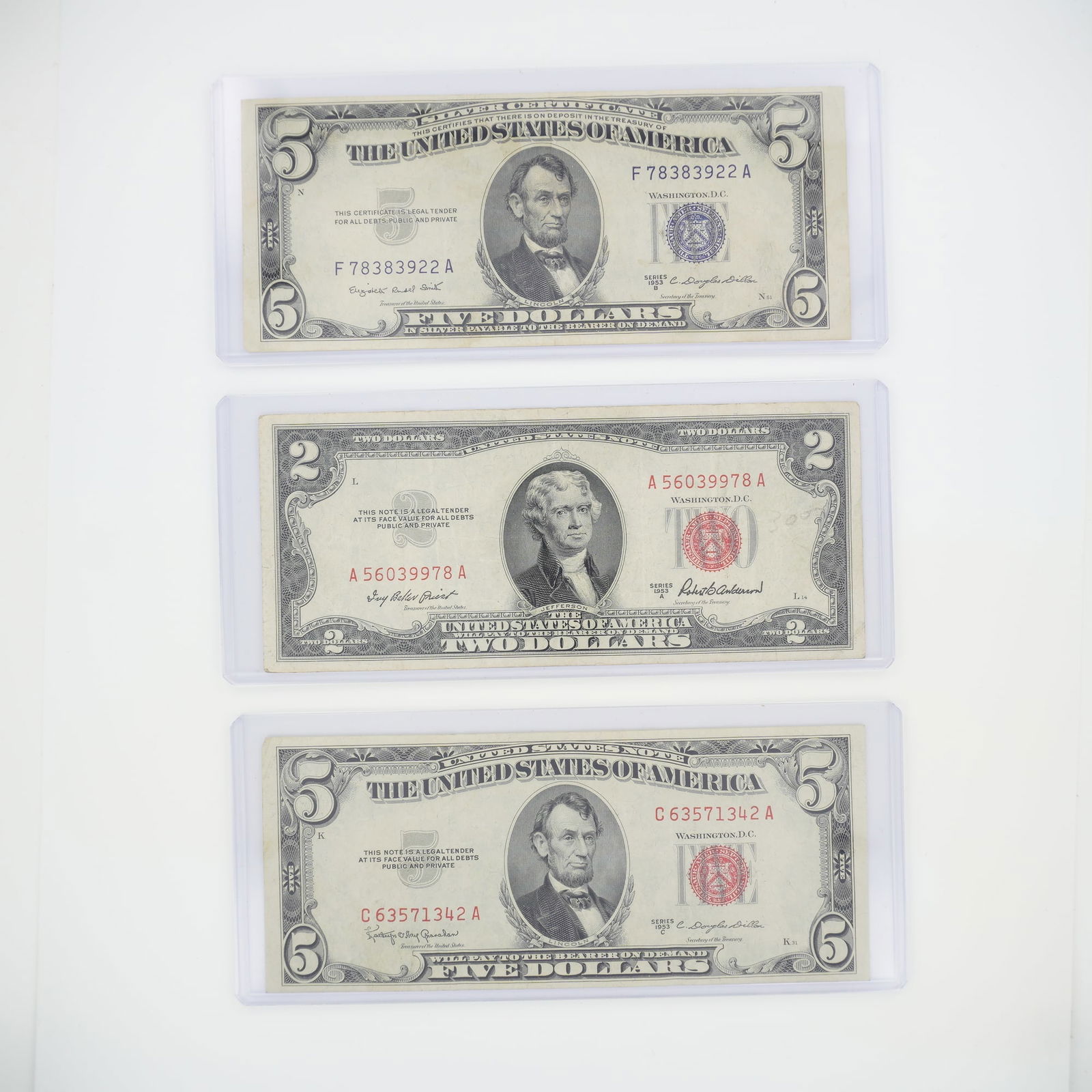 3pc 1953 United States $2 and $5 Silver Certificate Banknotes (1 of 2)