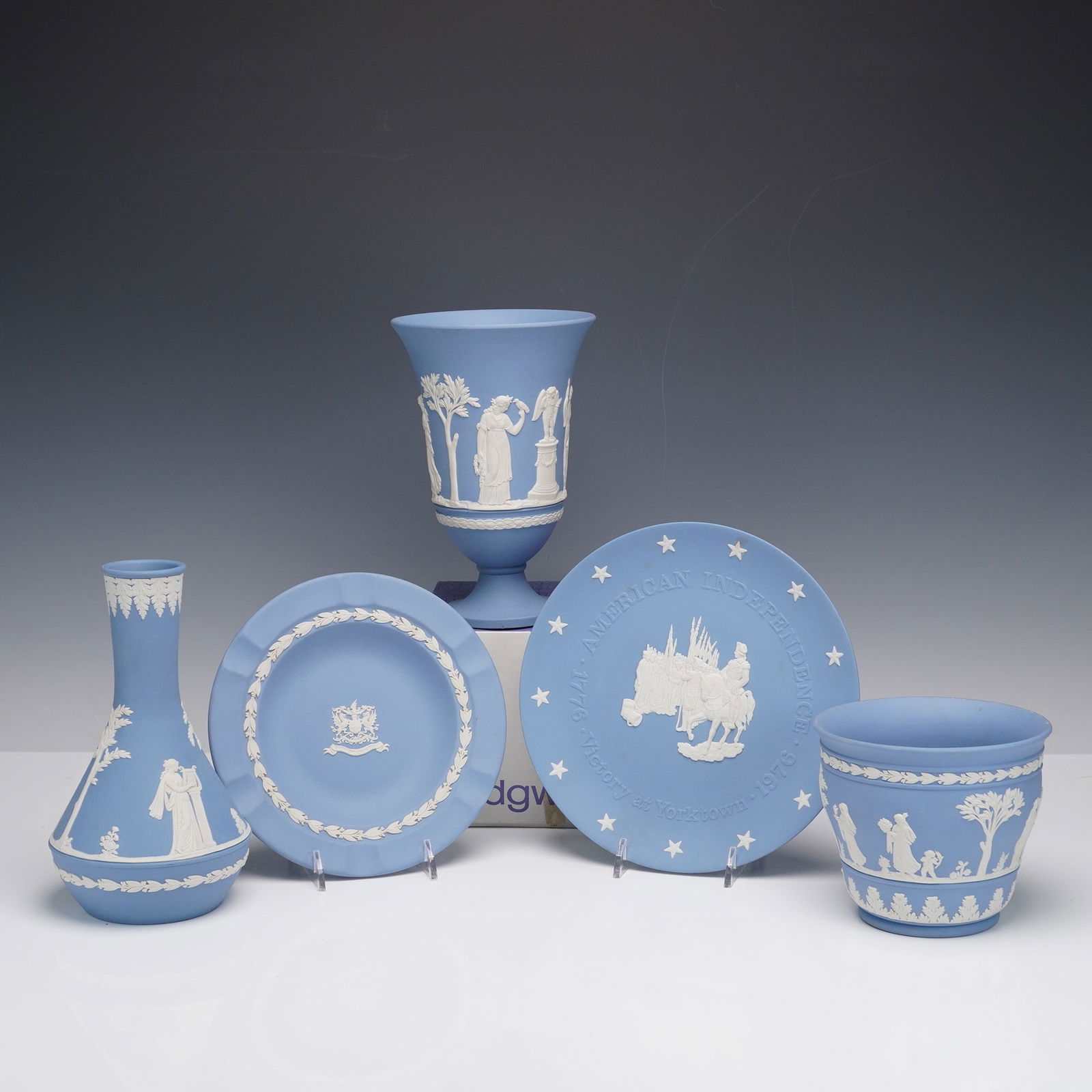 5pc Wedgwood Blue Jasperware Vases, Flower Pot, Ashtray, Yorktown Plate (1 of 9)
