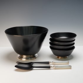 7pc Sterling Silver & Mahogany Salad Set