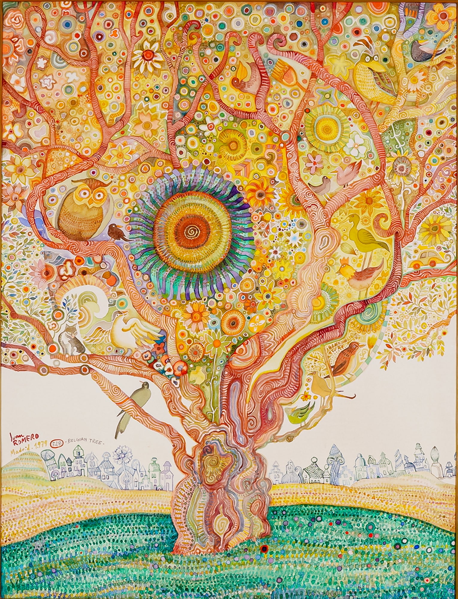 Juan Romero, Large Original Watercolor on Paper, Belgian Tree, Signed: Juan Romero's Belgian Tree, created in Madrid in 1979, is a dazzling watercolor on paper alive with color, rhythm, and imagination. The composition is a mesmerizing explosion of swirling lines, styliz