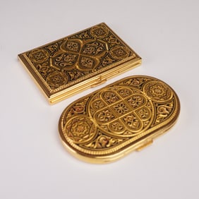2pc Compact Mirror Case Set Ornate Gold Tone Design with Two Mirrors Each