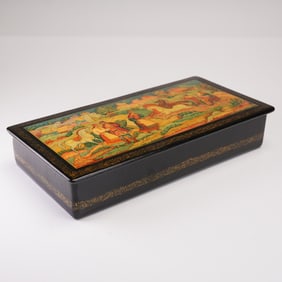 Hand-Painted Russian Lacquer Box with Village Scene, Signed Mstera Artist