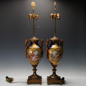 Pair of Large Sevres Porcelain and Ormolu-Mounted Lamps