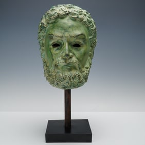 Classical Style Patinated Metal Mask of a Bearded Man on Stand