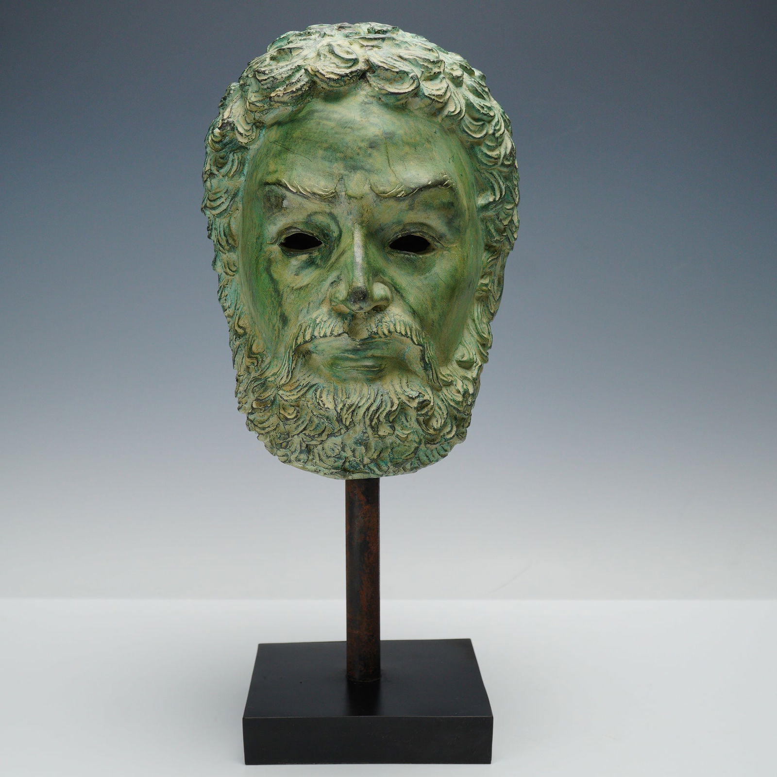 Classical Style Patinated Metal Mask of a Bearded Man on Stand (1 of 6)