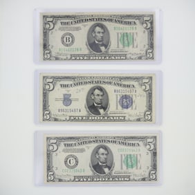 3pc 1934 United States $5 Silver Certificate Banknotes