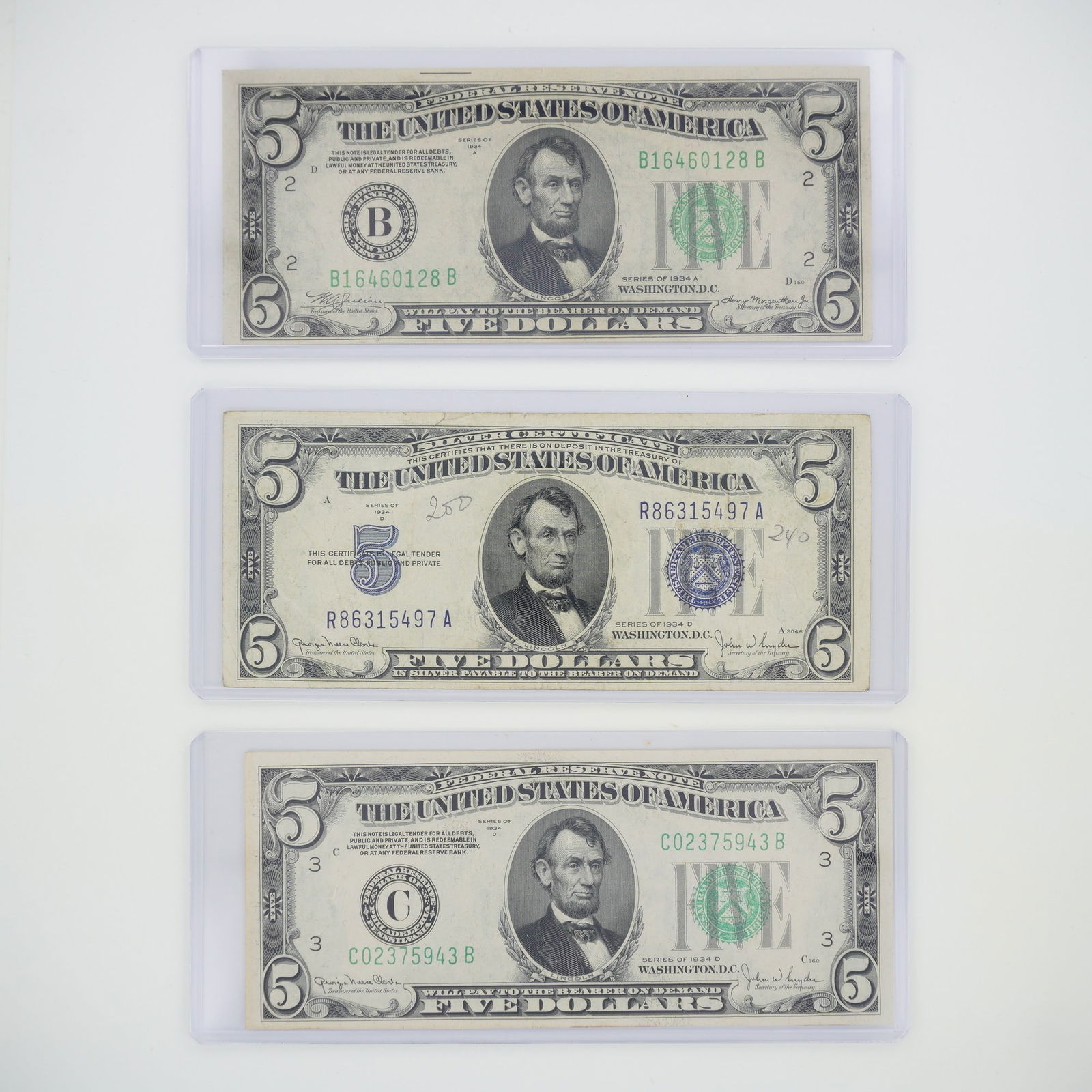 3pc 1934 United States $5 Silver Certificate Banknotes (1 of 2)
