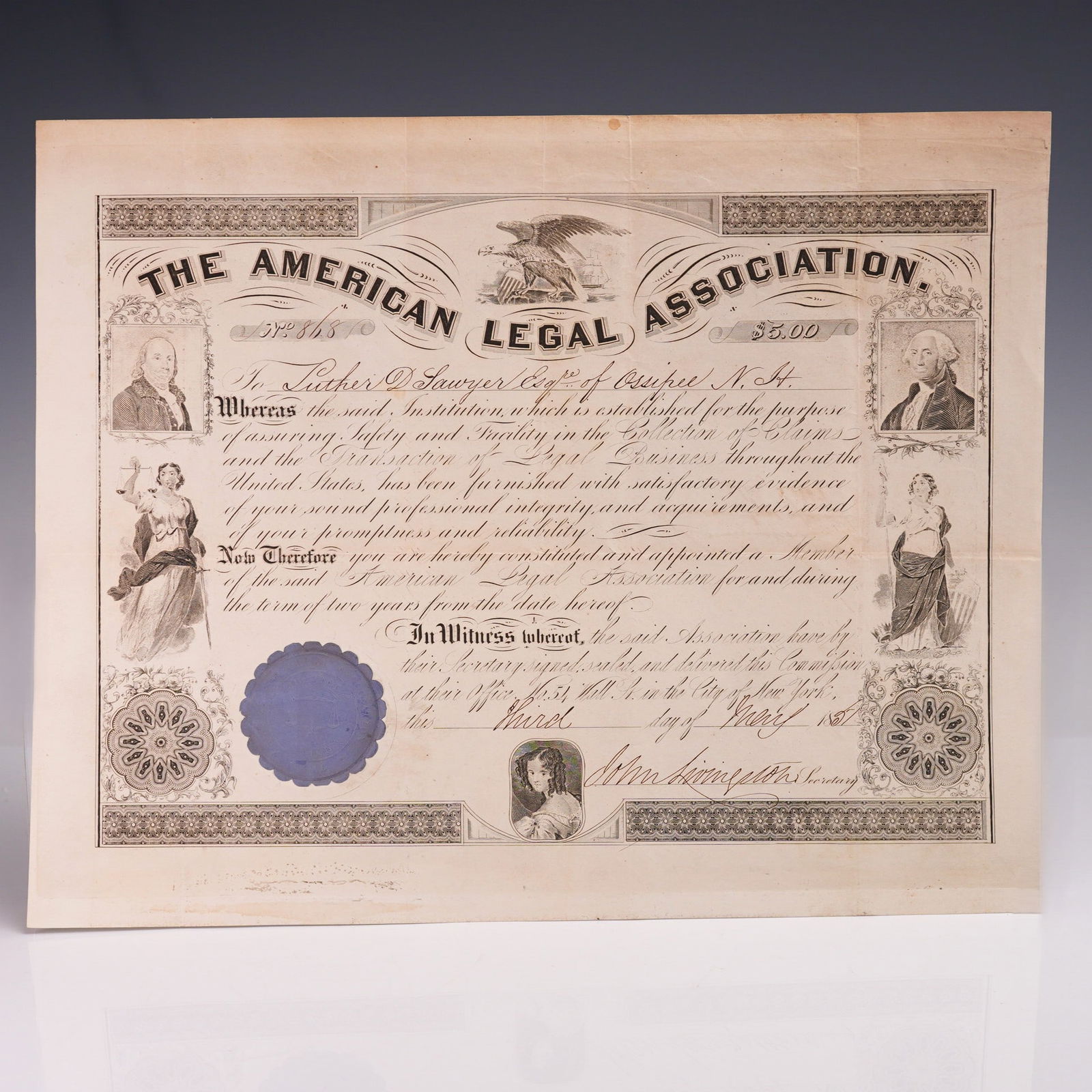 1857 American Legal Assoc. Membership Cert. Signed by John Livingston (1 of 5)