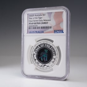 2022-P AU$ Year of The Tiger Silver Opal Coin PCGS Graded PR 69 Ultra Cameo