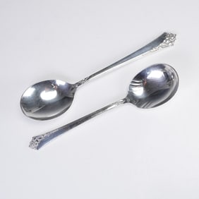 2pc Heirloom Sterling Silver Soup Spoons, Damask Rose