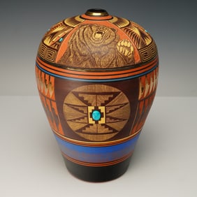 Navajo Pottery Jar by Elmay Dawes w/ 14K Gold & Turquoise Inlay