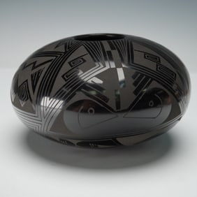 Octavio Andrew Mata Ortiz Blackware Etched Pottery Bowl