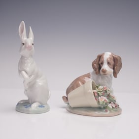 2pc Lladro Porcelain Puppy and Rabbit Figurines