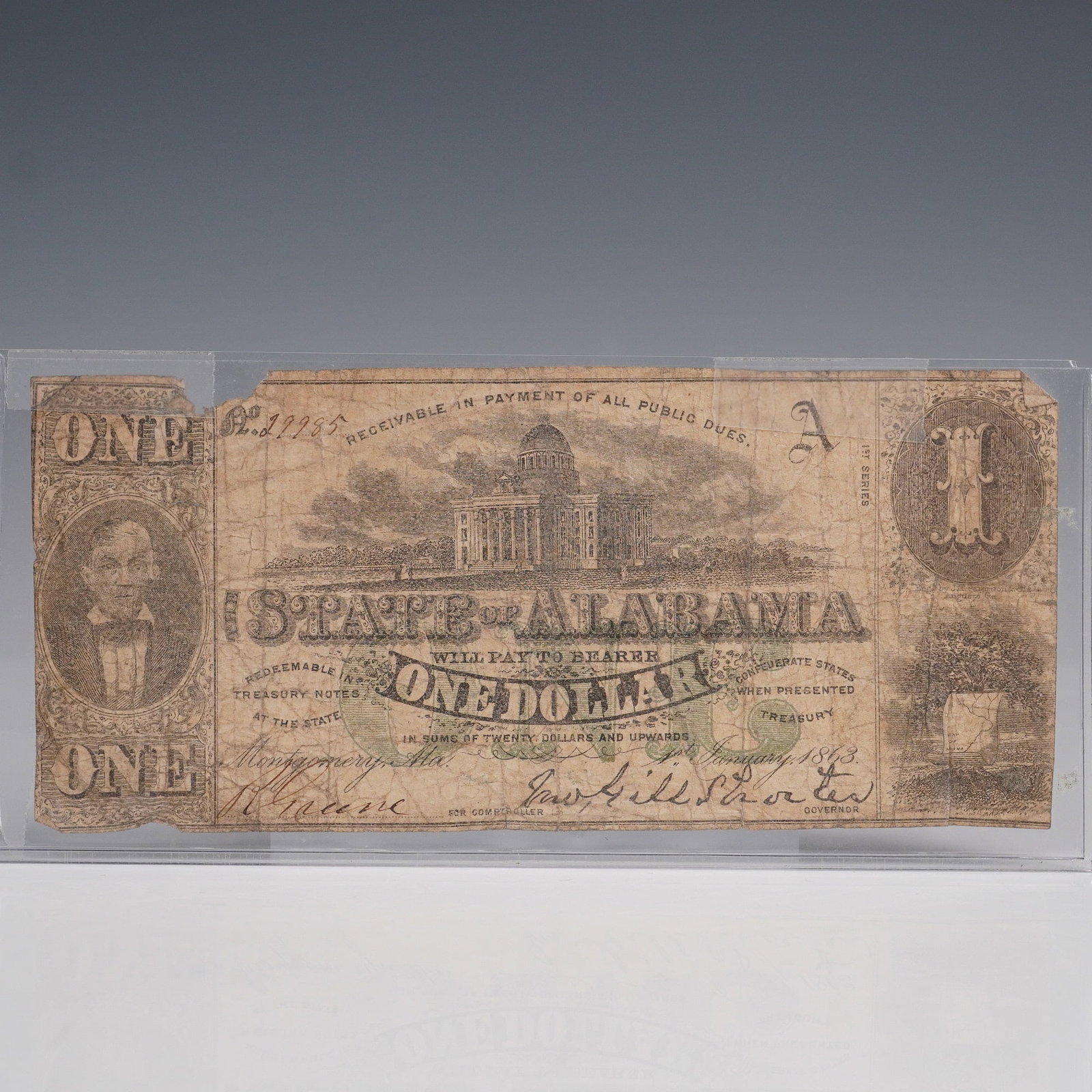 1863 $1 State of Alabama Treasury Note, Montgomery Issue (1 of 5)