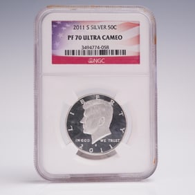 2011-S Silver Kennedy Half Dollar NGC Graded PF 70 Ultra Cameo