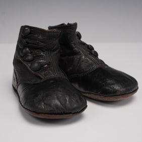 Pair of Victorian Black Leather Baby Shoes with Button Closure