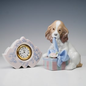 2pc Lladro Porcelain Table Clock, Figurine- Marbella 5652 & Can't Wait 8312