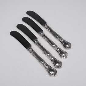 4pc Set of Sterling Silver Handle Butter Spreader Knives, Rococo Scroll