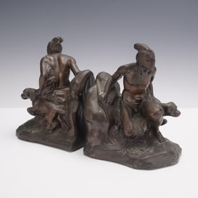 Jennings Brothers Figural Bronze Native American Bookends, Scout with Dog