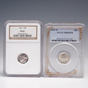 2pc 1945-D PGCS MS65FB Mercury Dime & 1961 NGC PF 67 Roosevelt Dime