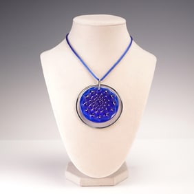 Lalique Crystal and Sterling Silver Necklace, Cactus Medal Cap Ferrat Blue