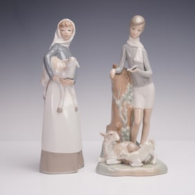 2pc Lladro Porcelain Figurines, Girl and Boy with Lambs