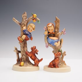 2pc Goebel Hummel Figurines, Children in Trees with Dogs