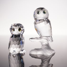 2pc Swarovski Silver Crystal Figurines, Owlet and Owl on Branch
