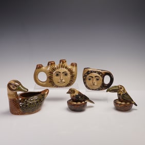 5pc Carlos Villanueva Mexican Tonala Pottery- Planter, Candle Holders