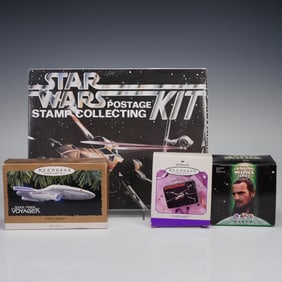 4pc Star Wars & Star Trek Collectible Set, Stamp Kit, Hallmark Ornaments