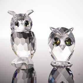2pc Swarovski Silver Crystal Figurines, Mini Owl and Night Owl