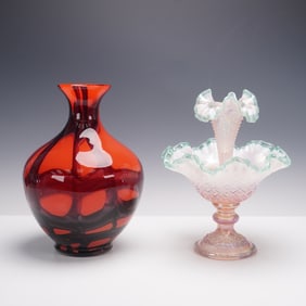 3pc Decorative Art Glass Lot, Fenton Iridescent Epergne and Red Swirl Vase