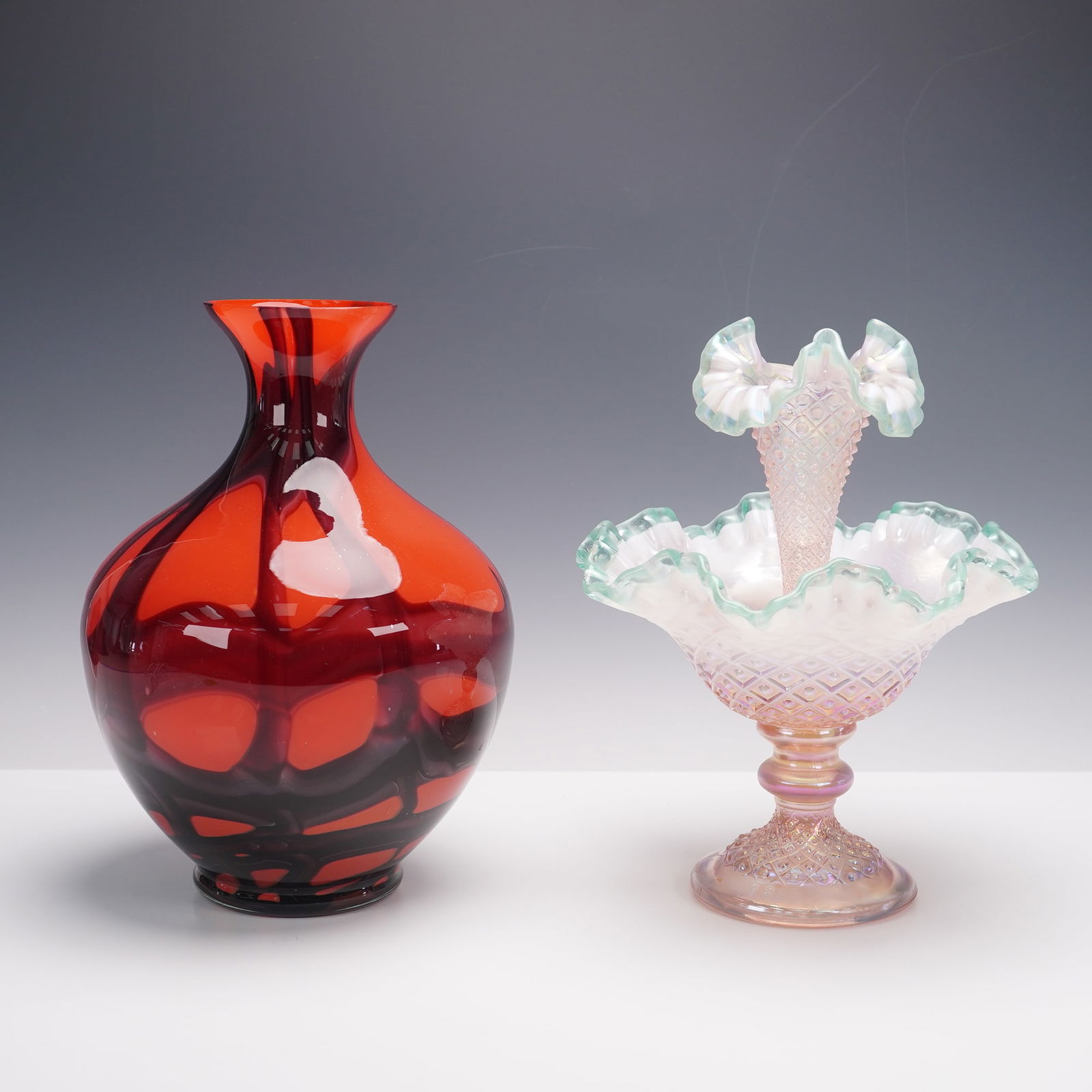 3pc Decorative Art Glass Lot, Fenton Iridescent Epergne and Red Swirl Vase (1 of 5)