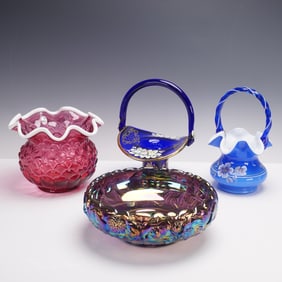 4pc Carnival Glassware, Bowl, Vase, and Baskets