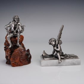 2pc Victorian Writing Cherub and Metal Figure on Wood Base