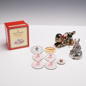 9pc Bunnykins Buttons, Wind Up Toy Cat, and Silverplate Music Box
