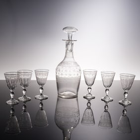 7pc Etched Crystal Decanter with Stopper and Cordial Glass Set