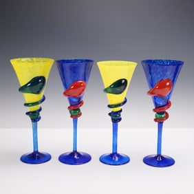 4pc Bohemian Art Glass Hand Blown Goblets