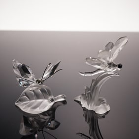 2pc Swarovski Silver Crystal Figurines, Dragonfly and Butterfly on Leaf