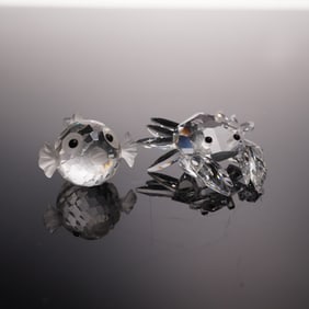 2pc Swarovski Silver Crystal Figurines, Mini Blowfish and Mini Crab