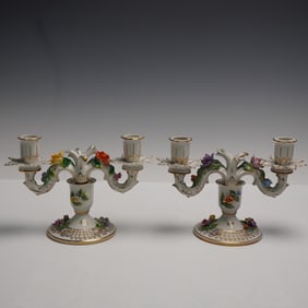 Pair of Carl Thieme Dresden Porcelain Floral Double Arm Candelabras