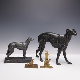 4pc Greyhound Sculptures and Brass Desk Accessories